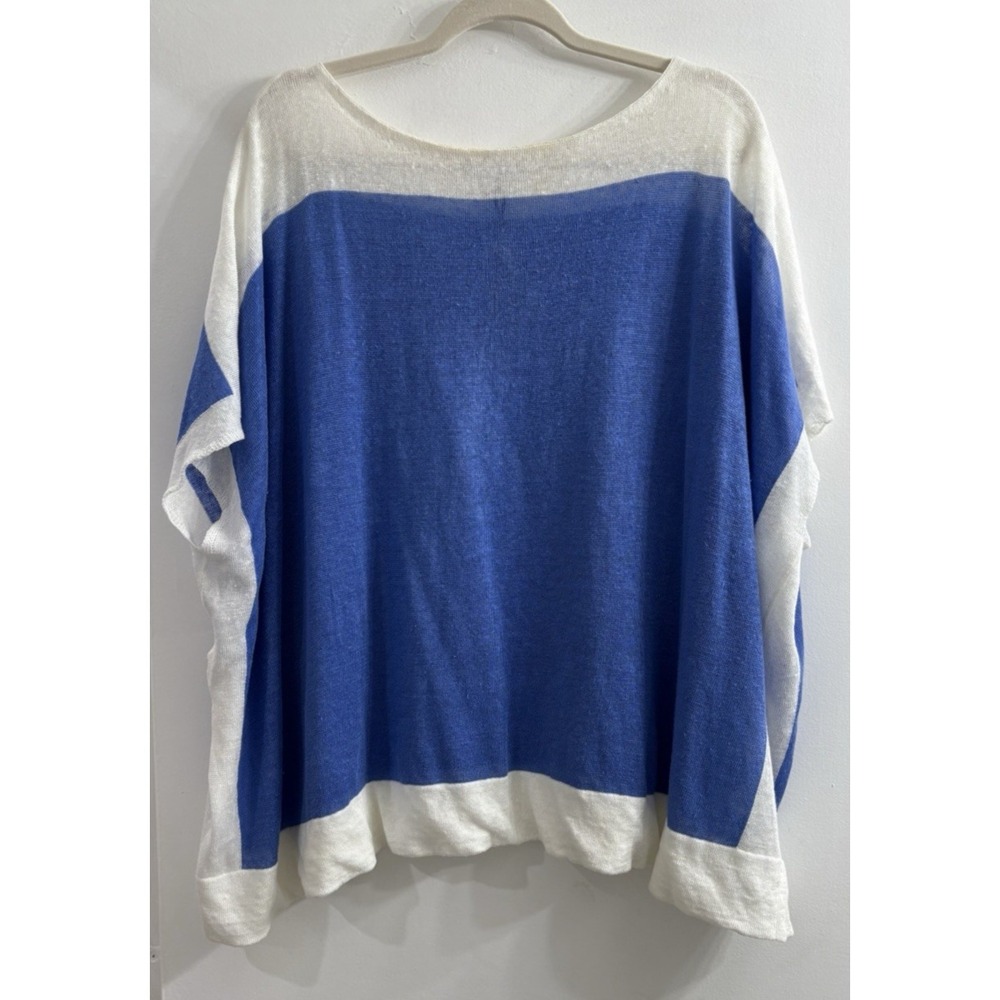 Lisa Todd Womens Large 100% Linen Boatneck Top Short Sleeve Coastal Chic Blue